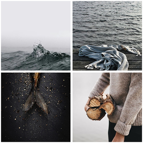 Skärgårdskänslan beskrivs av hav, handduk på brygga, fisk, kvinna som bär ved. Bilden länkar till Baggö Marinas Pinterest konto
